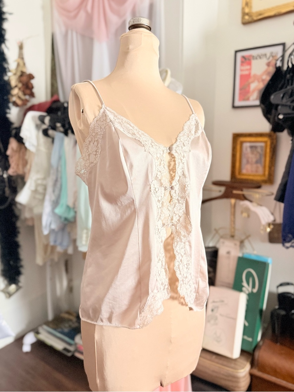 Vintage 1970s 1980s Silky Lace-Trim Cami Camisole